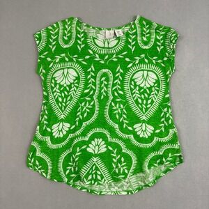 Joie Women's Medium Linen Top Green Leaf Abstract Short Sleeve‎ Boho Lightweight